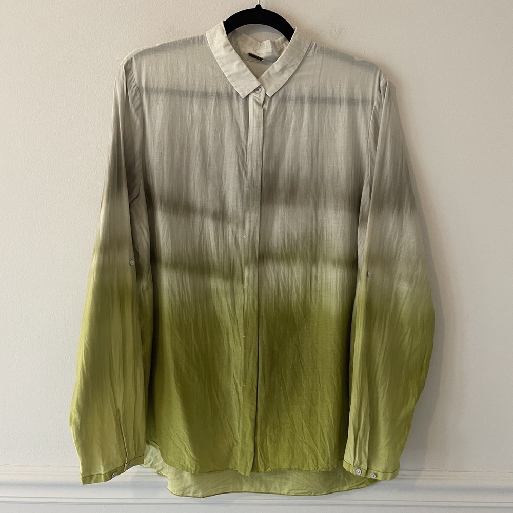 Ellie‎ Tahari Cotton Silk Hidden Buttons Blouse Green Ombre Size L Boho Luxury